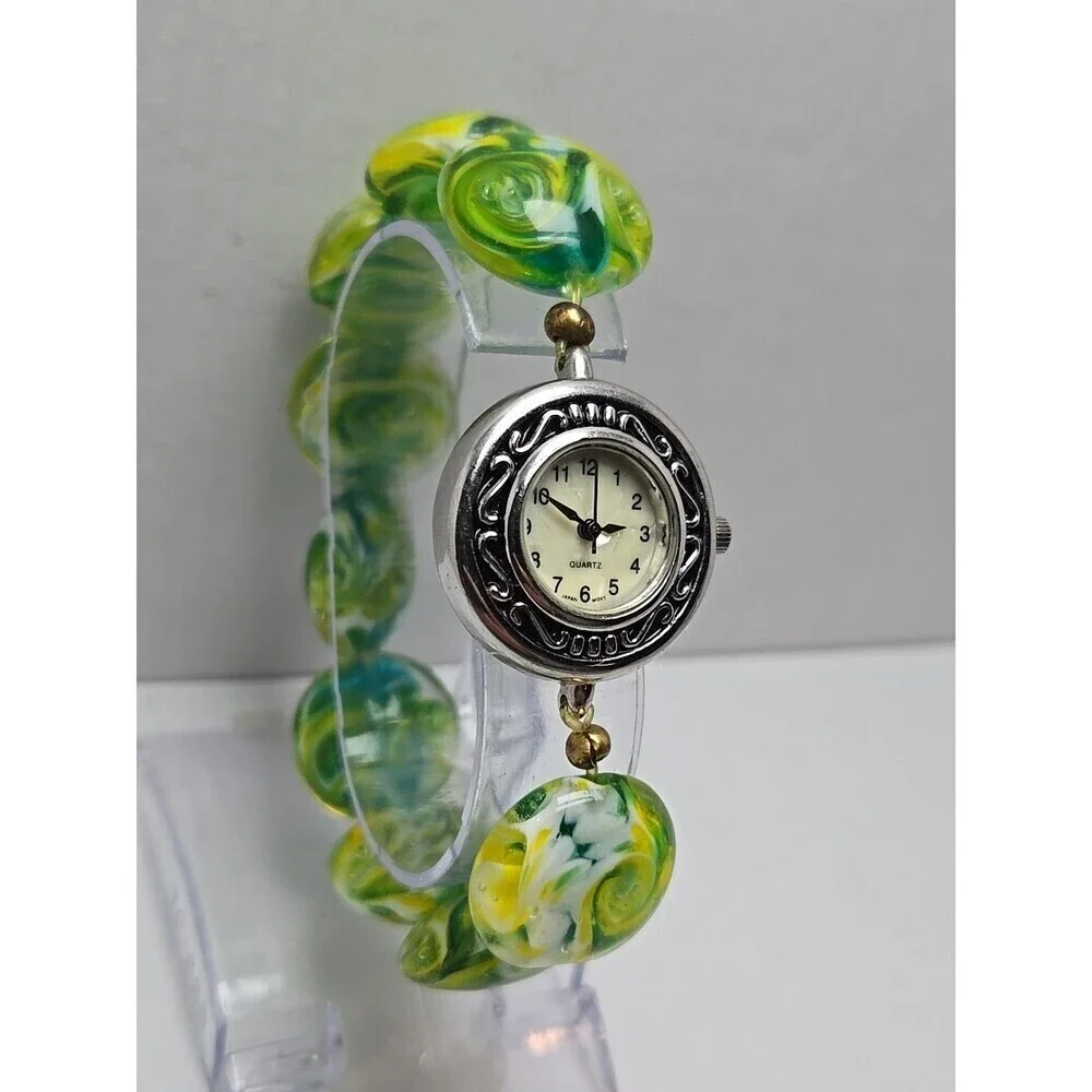 Womens Seiko Movement Lampwork Beaded Watch Bracelet Green Yellow Glass Art